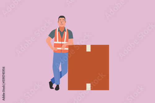 Warehouse worker in safety vest taking a break while leaning on a cardboard box, male packing staff standing in relaxed posture in a distribution setting, flat vector illustration