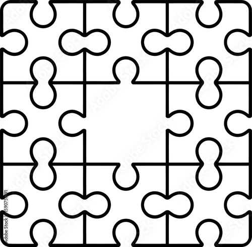 Black outline of a square jigsaw puzzle with a missing center piece