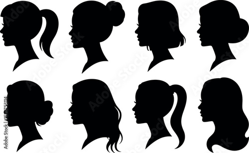 Collection of diverse female silhouettes with various hairstyles on white background