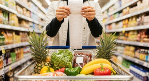 Woman checking a long grocery receipt in a supermarket with a full shopping cart