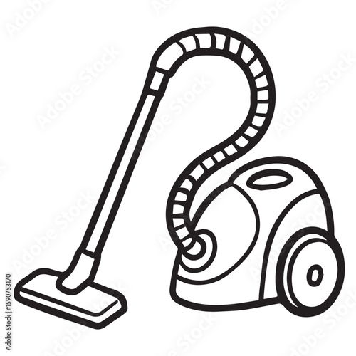 A black and white vector illustration of a vacuum cleaner, outlined in bold black lines, presents a clean and minimal household appliance design.

