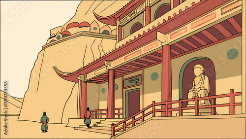 Cartoon illustration of a buddhist temple on a mountain with two people approaching the entrance