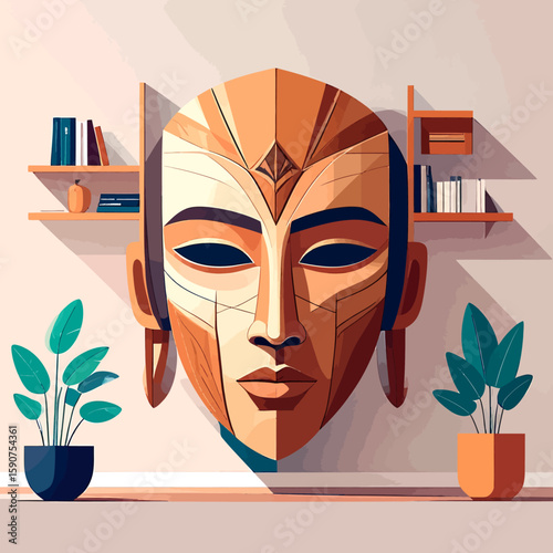 A stylized, geometric African mask adorns a wall with plants and bookshelves.