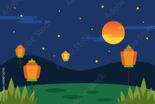 A beautiful cartoon illustration of a night landscape with a bright moon and stars lighting up the sky