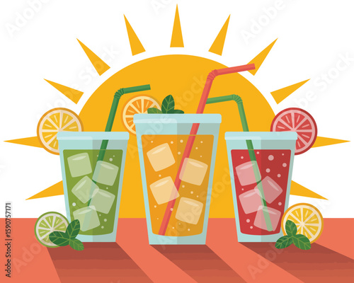 Colorful Summer Beverages Vector with Lemonade and Iced Tea Glasses