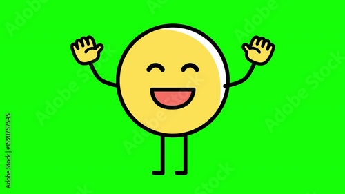 A yellow round face emoji, signaling with waving hands, looping video with a green screen.