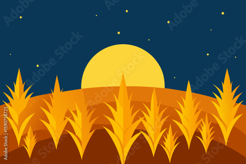 Starry night sky over a tranquil landscape with a vibrant moon, a silhouette of a tree, and a touch of moonlight