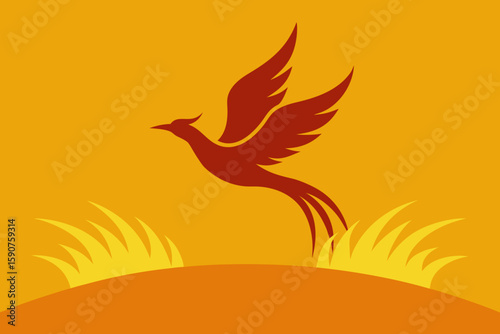 A vibrant vector illustration of a bird silhouette flying against the sun, with a striking beak and wings in a wild nature design