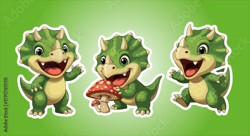 Playful Triceratops Adventure: Adorable cartoon triceratops engaging in a variety of playful activities, creating a scene filled with joy and imaginative fun against a vivid green backdrop.