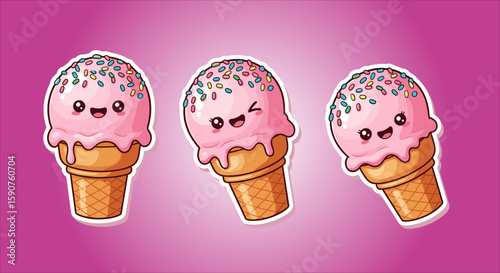 Sweet Trio of Delight: Animated illustration showcases a trio of joyful ice cream cones, each crowned with pink scoops adorned in colorful sprinkles. Perfect for adding a touch of sugary sweetness. 