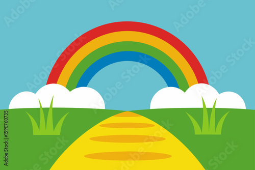 Vector landscape illustration with a vibrant rainbow over rolling green hills and a sunny sky