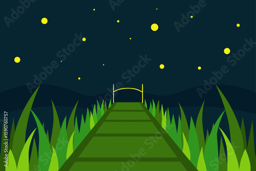 A celestial road in a dark night sky with a shining moon and stars leading to a dreamy landscape