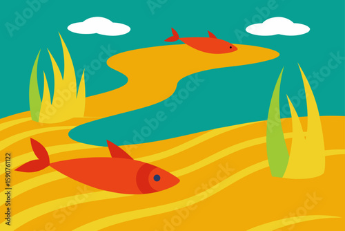 Cartoon vector illustration of tropical fish in the turquoise sea at the beach, with a palm tree on a sunny summer day