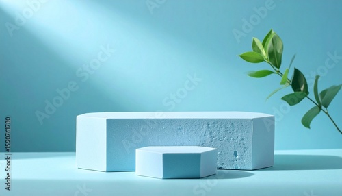 stone and concrete podium in natural light blue background