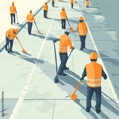 The workers using longhandled stamps to reach the center of the sidewalk creating seamless and continuous patterns across the entire surface