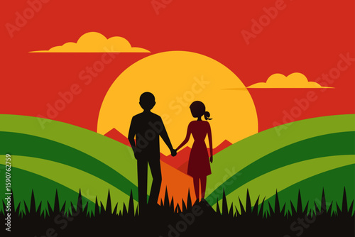 silhouette of a couple on a meadow
