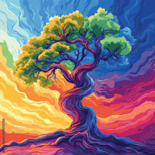 vibrant and colorful old tree. rainbow background. vector illustration hand drawing, vector style simple color