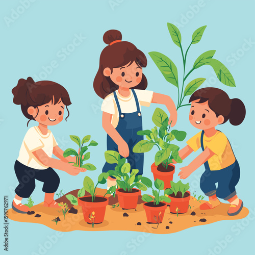 Children helping to plant a community garden outside the center learning about sustainability and healthy eating from local volunteers