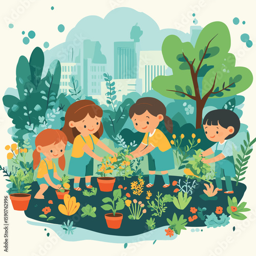 Children helping to plant a community garden outside the center learning about sustainability and healthy eating from local volunteers
