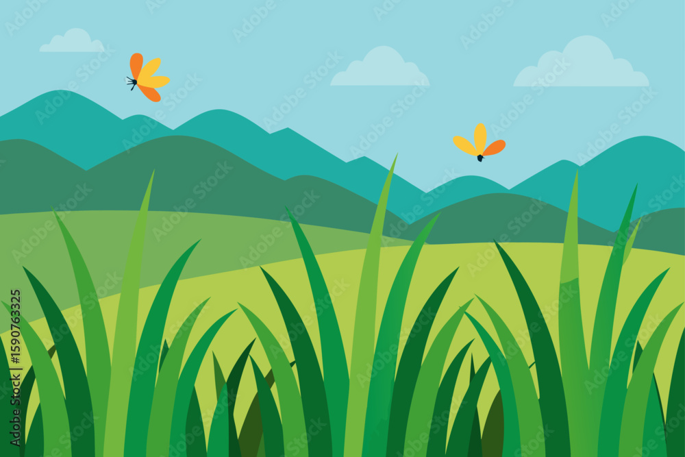 Obraz premium Vector cartoon illustration of a summer landscape with green hills, a mountain, and beautiful clouds in the blue sky