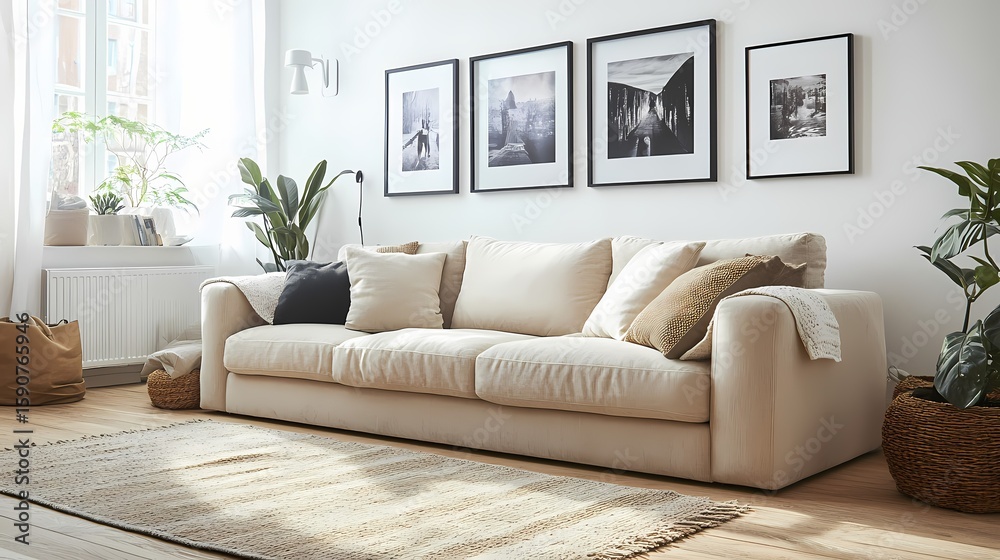 Obraz premium Beige sofa in a bright, modern living room.