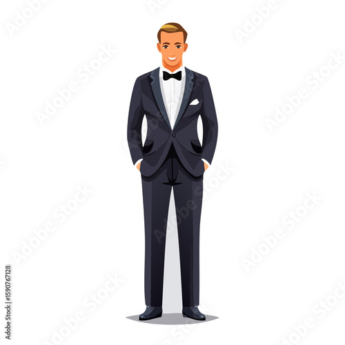vector illustration of a groom in a classic black tuxedo and bow tie, standing straight, plain white background, flat vector style