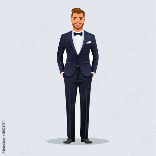 vector illustration of a groom in a classic black tuxedo and bow tie, standing straight, plain white background, flat vector style