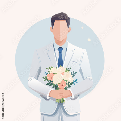 A faceless groom in a white modern wedding suit, holding a bouquet, soft pastel background, minimalistic vector design
