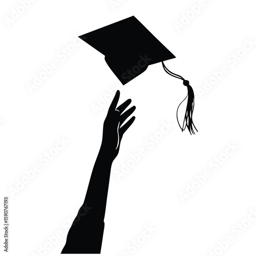 Graduation celebration silhouette a hand reaches upward to toss a black graduation cap into the air against a white background