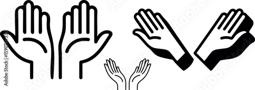 Collection of stylized black and white hand icons representing various gestures and actions