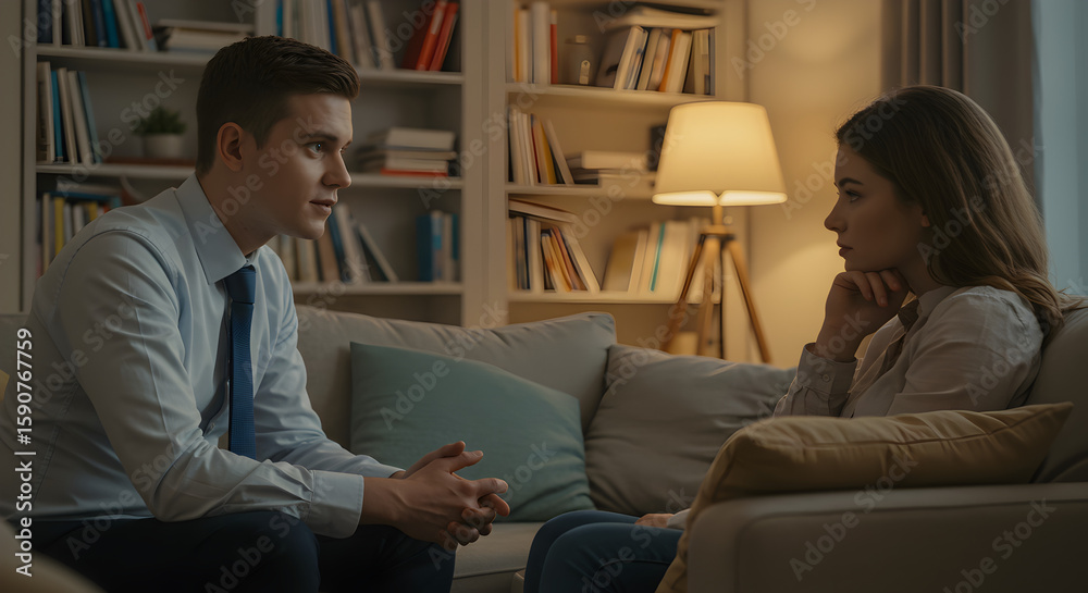 Fototapeta premium Therapist and Patient in Counseling Session, Warm Evening Lighting