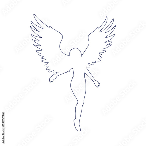 Fantasy woman angel soars in the air with huge bird wings. Girl in levitation flies. Lady goddess