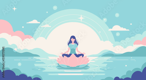  Serene Lotus Meditation Find inner peace with this harmonious woman in peaceful posture atop a pastel lotus flower against a calming landscape.