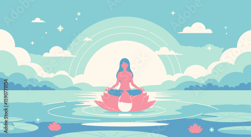 Peaceful Lotus Position A Woman Meditating in Tranquil Waters Under a Radiant Sun, Embracing Serenity and Harmony
