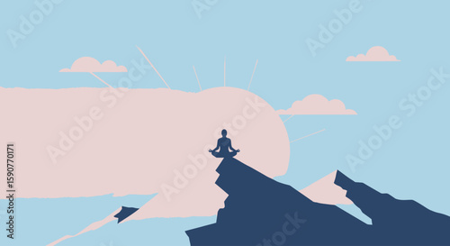 Zenith of Serenity A Person in Lotus Position Silhouetted Against a Mountain Sunrise for Inner Peace