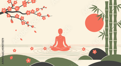 Meditation Serenity Lotus Position in Nature with Cherry Blossoms and Bamboo for Mindfulness (Illustration)