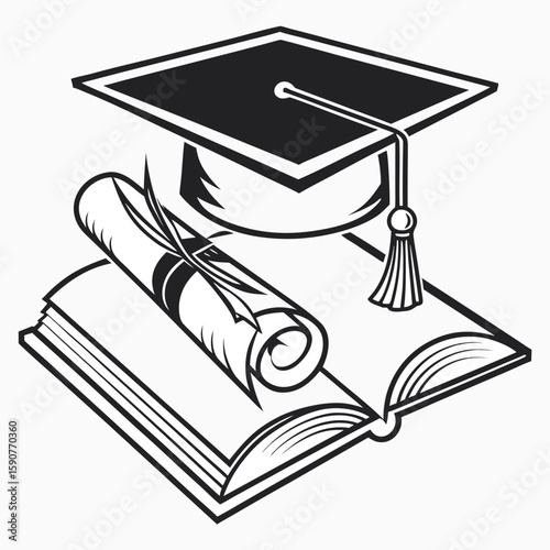 Academic achievement symbolized by graduation cap diploma and open book representing knowledge and education