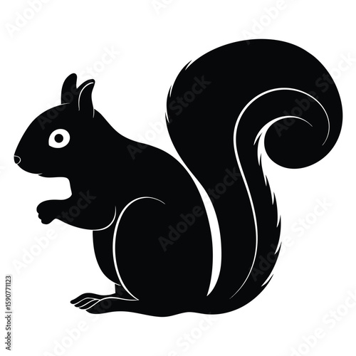 A stylized black silhouette of a squirrel with a large bushy tail depicted in profile with a white eye and outline details