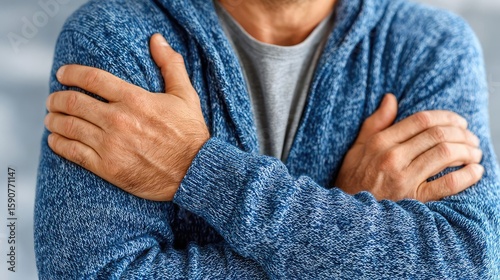Painful movement by pinched nerve concept. Close-up of a man with crossed arms wearing a cozy sweater.
