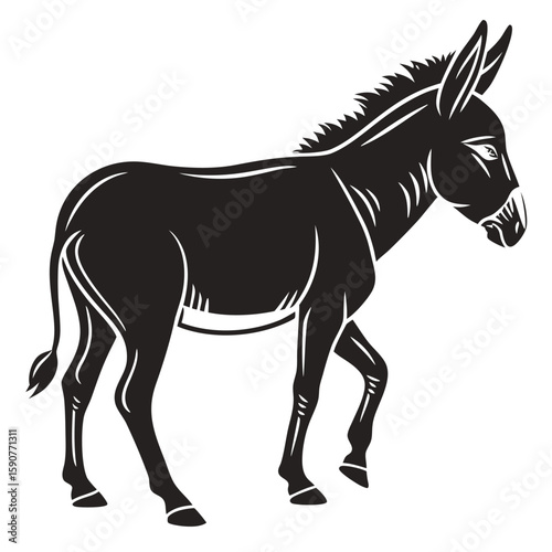 A striking black silhouette of a donkey standing with its head turned to the right showcasing its distinctive long ears and mane