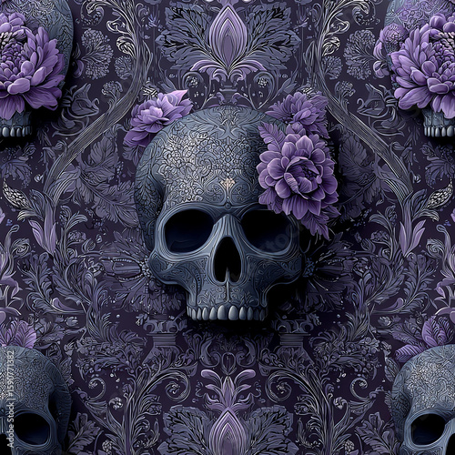 A skull with a purple flower on it