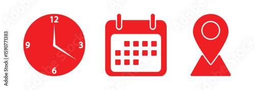 Calendar, Location pin, Clock icons. Event icon set. Address, time, date symbols vector.  position, clock and calendar symbol. business vector design. eps 10