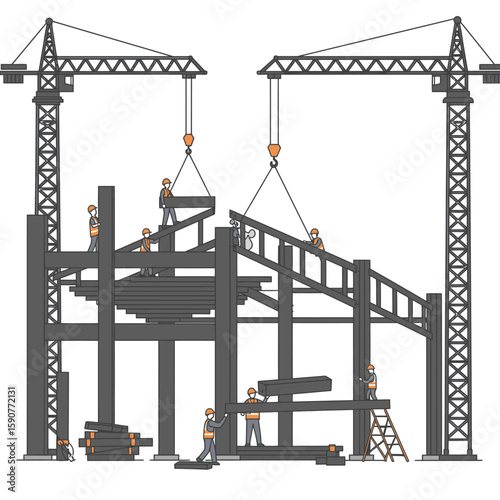 An illustrative scene showcases a team of construction workers diligently assembling a large steel framework with the assistance of two towering cranes.