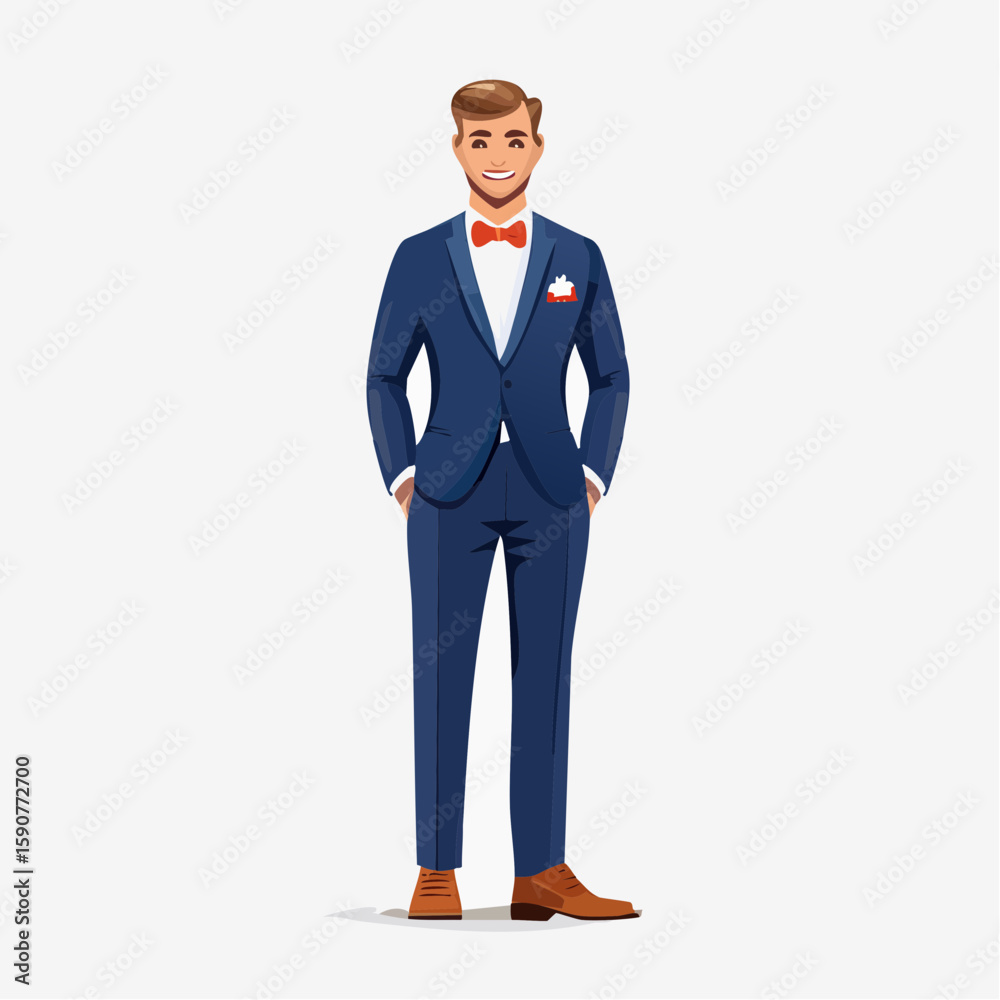 Fototapeta premium a smiling groom wearing a navy blue suit and brown dress shoes, hands in pockets, on a plain white background