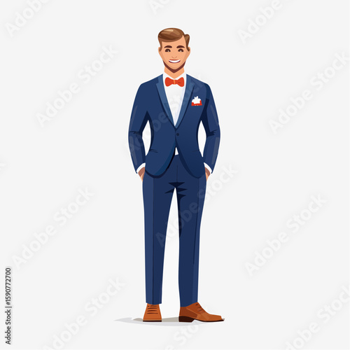 a smiling groom wearing a navy blue suit and brown dress shoes, hands in pockets, on a plain white background