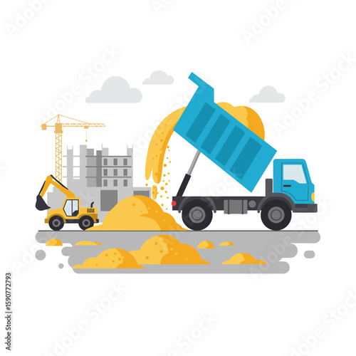 A blue dump truck unloads a large pile of yellow sand at a busy construction site with an excavator and a building under development.