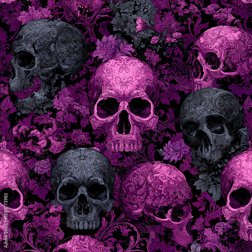 A pattern of skulls and flowers in purple and black