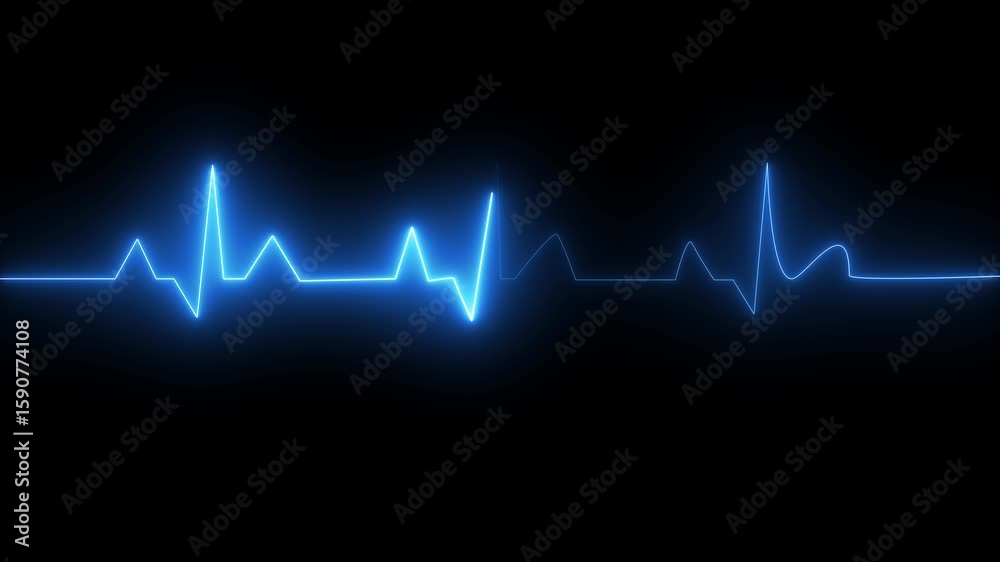 A luminous blue ECG heart rate waveform pulses across a black background. The glowing neon effect highlights a stylized lifeline, symbolizing health, technology, monitoring, and medical precision.