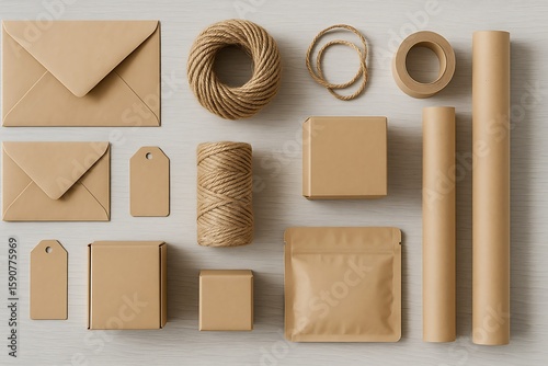 Eco Packaging and Shipping Supplies Flat Lay on Wooden Background
