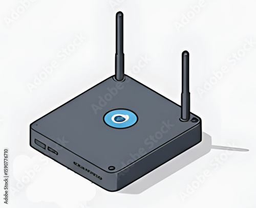 Isometric illustration of a small, dark gray network device with antennas.